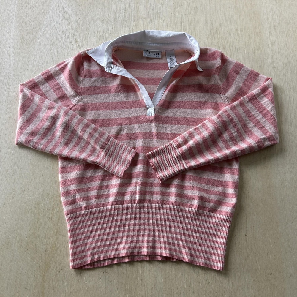 Villager Sweater Womens Medium Pink Collared Striped Knit Lightweight Pullover
